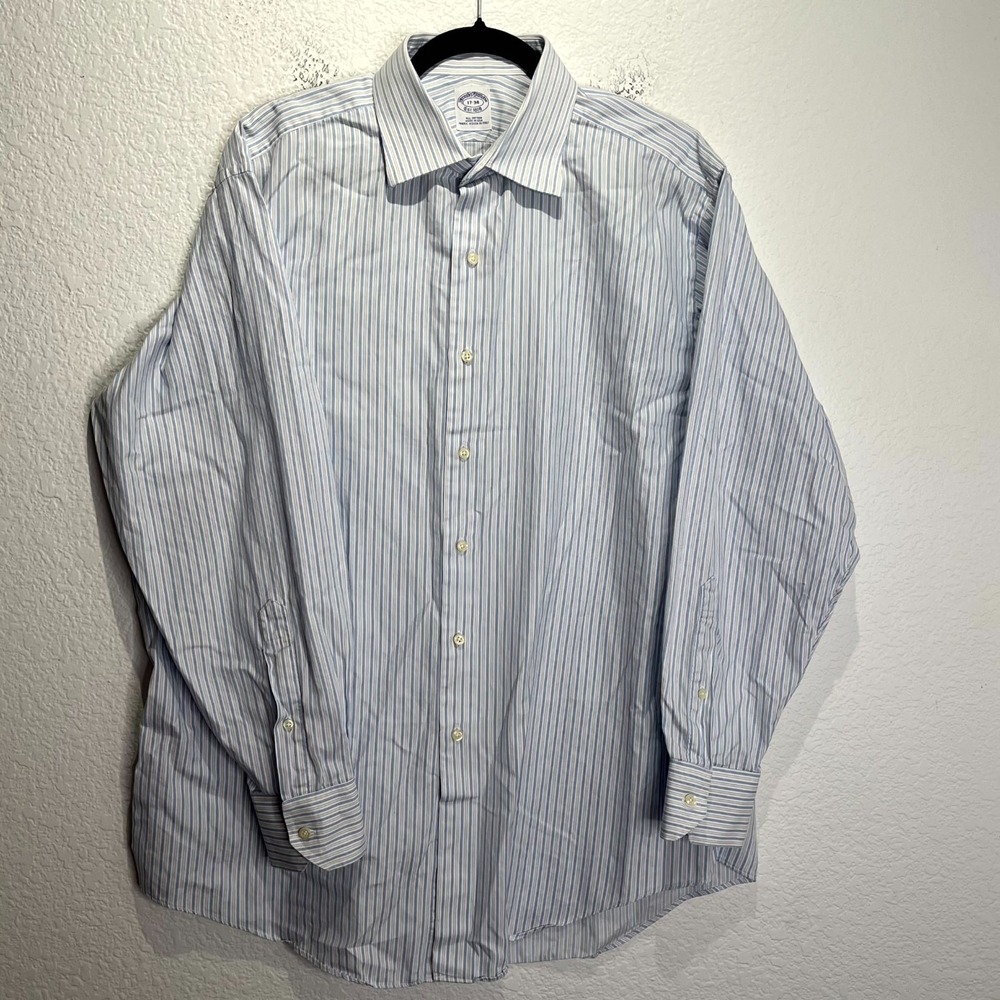 Brooks Brother Dress Shirt Men 17-34 White Blue Vertical Striped Business Formal